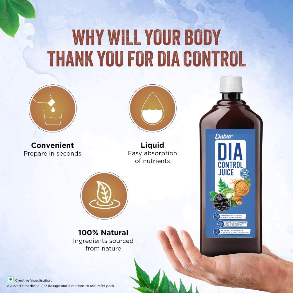 Dabur Dia Control Juice - 1L | Clinically Proven Diabetic Care | Supports Healthy Blood Sugar Levels & Insulin Sensitivity | Reduces Post Meal Sugar Spikes | Amla, Karela, Jamun, Triphala & More
