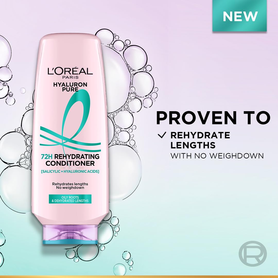 L'OREAL PARIS Unscented Hyaluron Pure 72H Rehydrating Conditioner for All Hair Types For Smooth Tangle-Free Hair, 175 Millilitres