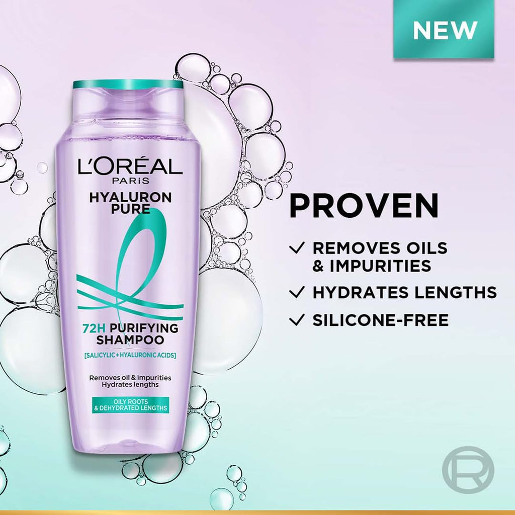 L’Oréal Paris Hyaluron Pure 72H Purifying Shampoo, For oily scalp & dry hair with salicylic and hyaluronic acid, 340 ml