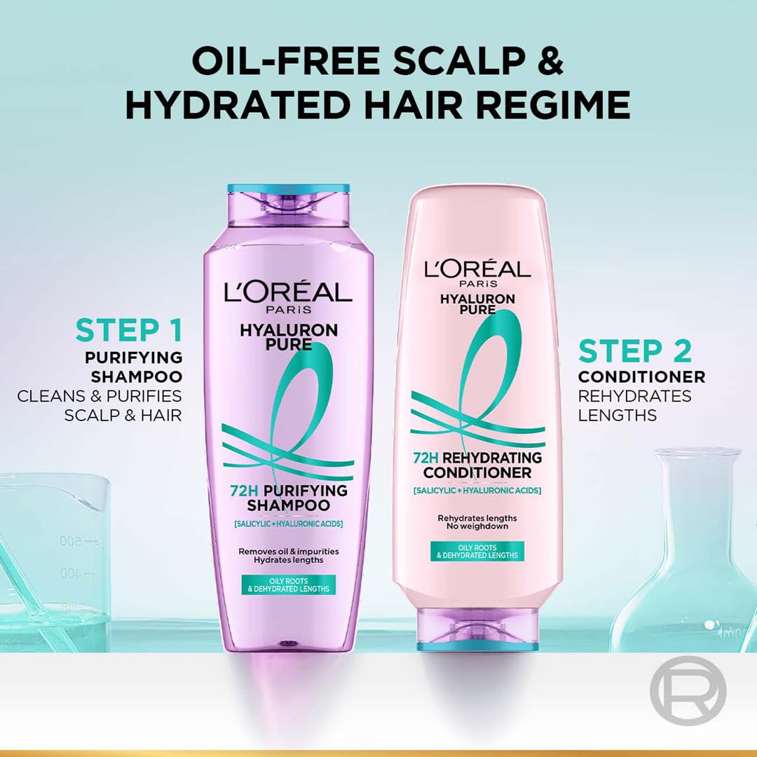 L’Oréal Paris Hyaluron Pure 72H Purifying Shampoo, For oily scalp & dry hair with salicylic and hyaluronic acid, 340 ml