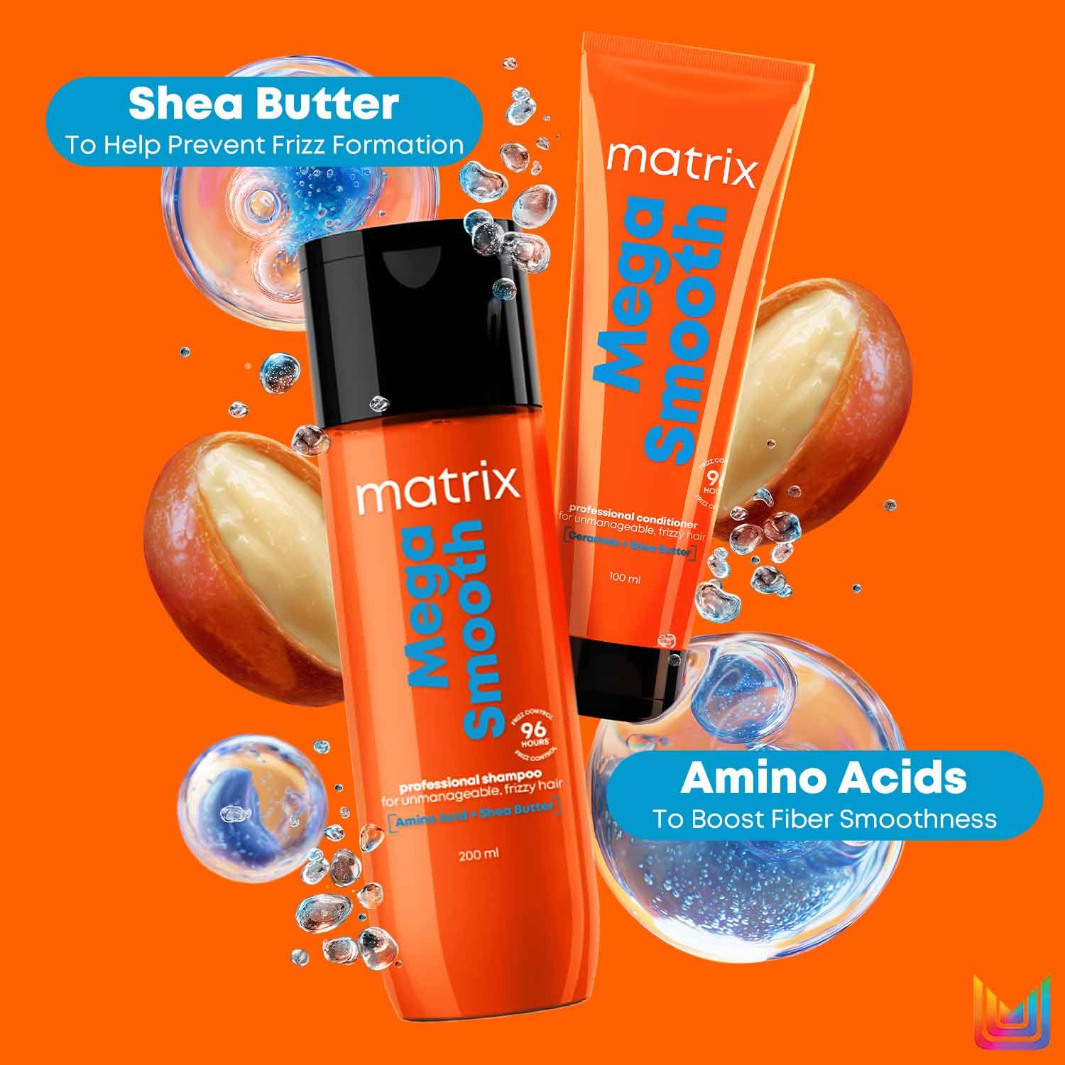 Matrix Mega Smooth Shampoo and Conditioner Combo with Shea Butter |Max Smoothness for 4 Days | Used by 1 Lakh Hairstylists* | For All Hair Types | Paraben Free