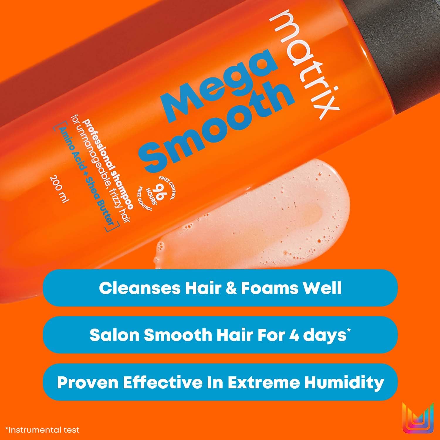 Matrix Mega Smooth Shampoo and Conditioner Combo with Shea Butter |Max Smoothness for 4 Days | Used by 1 Lakh Hairstylists* | For All Hair Types | Paraben Free