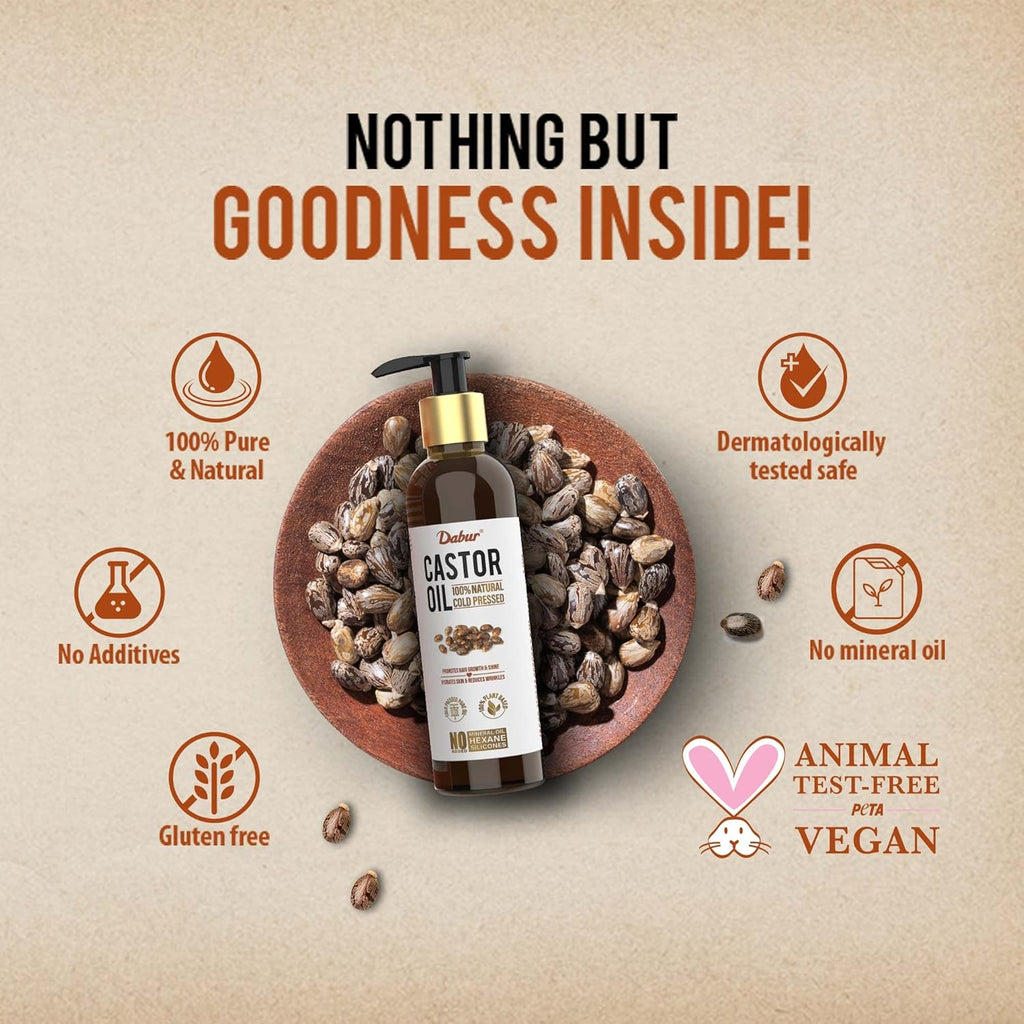 Dabur Castor Oil - 200ml | 100% Natural Cold Pressed Oil | Includes Dropper & Mascara Brush | Promotes Hair Growth, Hydrates Skin & Reduces Wrinkles | No Mineral Oil & Silicones