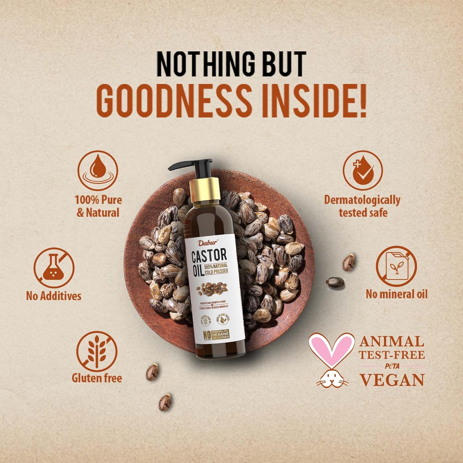 Dabur Castor Oil - 200ml | 100% Natural Cold Pressed Oil | Includes Dropper & Mascara Brush | Promotes Hair Growth, Hydrates Skin & Reduces Wrinkles | No Mineral Oil & Silicones