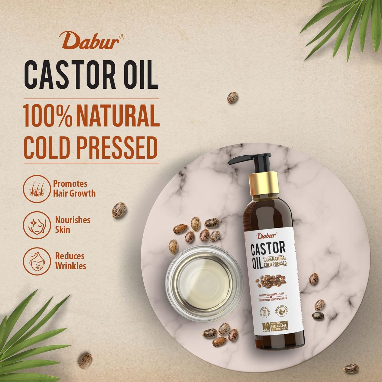 Dabur Castor Oil - 200ml | 100% Natural Cold Pressed Oil | Includes Dropper & Mascara Brush | Promotes Hair Growth, Hydrates Skin & Reduces Wrinkles | No Mineral Oil & Silicones