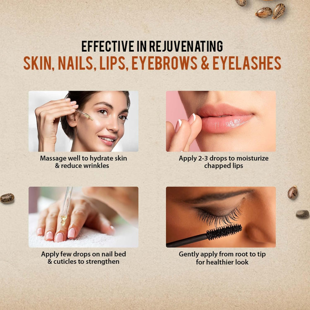 Dabur Castor Oil - 200ml | 100% Natural Cold Pressed Oil | Includes Dropper & Mascara Brush | Promotes Hair Growth, Hydrates Skin & Reduces Wrinkles | No Mineral Oil & Silicones