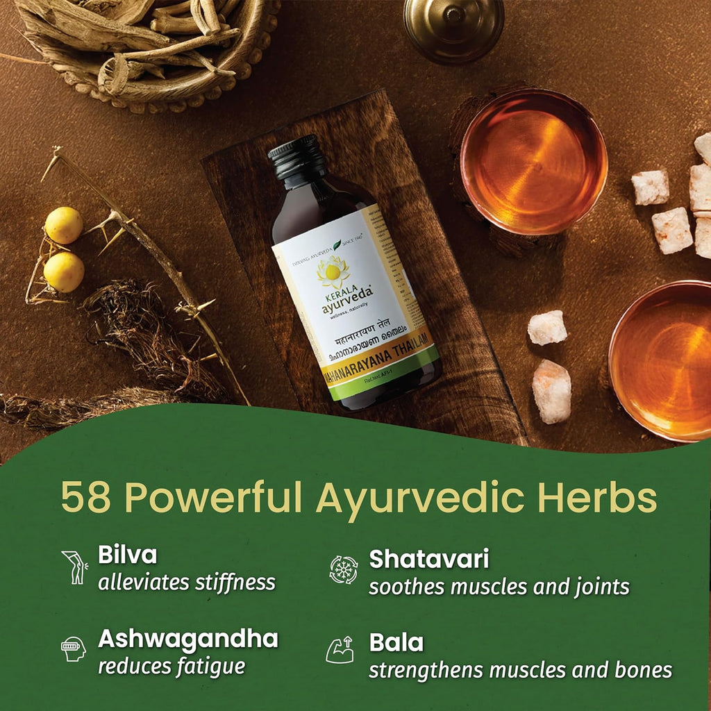 Kerala Ayurveda Mahanarayana Thailam | Ayurvedic Body Massage Oil for Full Body Relaxation, Joint Mobility & Muscle Relief | 58-Herb Til Oil infusion for Massage | 200 ml